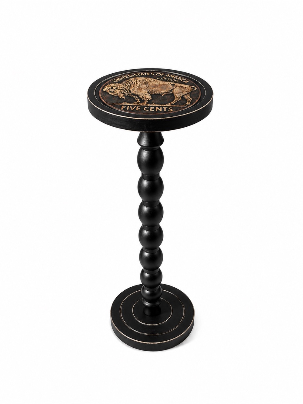 Buffalo Nickel Drink Table | Wooden Whiskey Martini Table, Small End Table